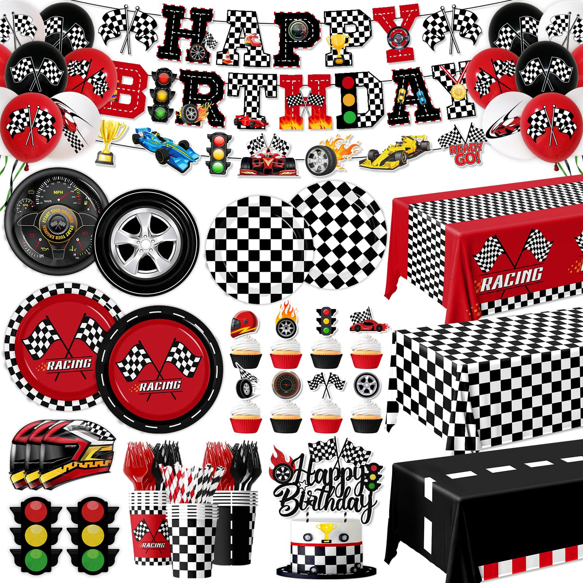 Bezkega race car birthday banner enhances party theme with bold colors.