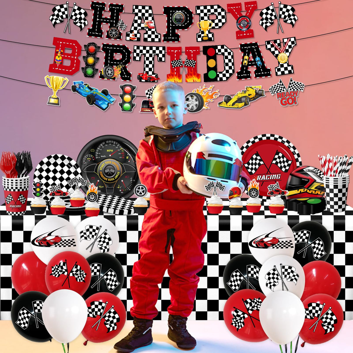 Bezkega race car cake topper creates a festive centerpiece for desserts.