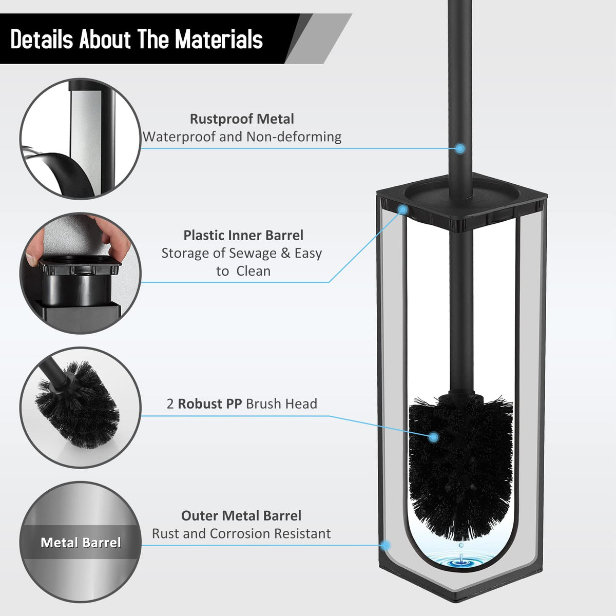 BGL freestanding brush in bathroom corner saves space and keeps cleaning tools tidy.