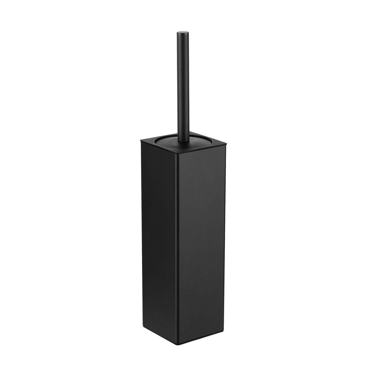 BGL toilet brush and holder in matte black square design viewed from the front for tidy bathroom storage