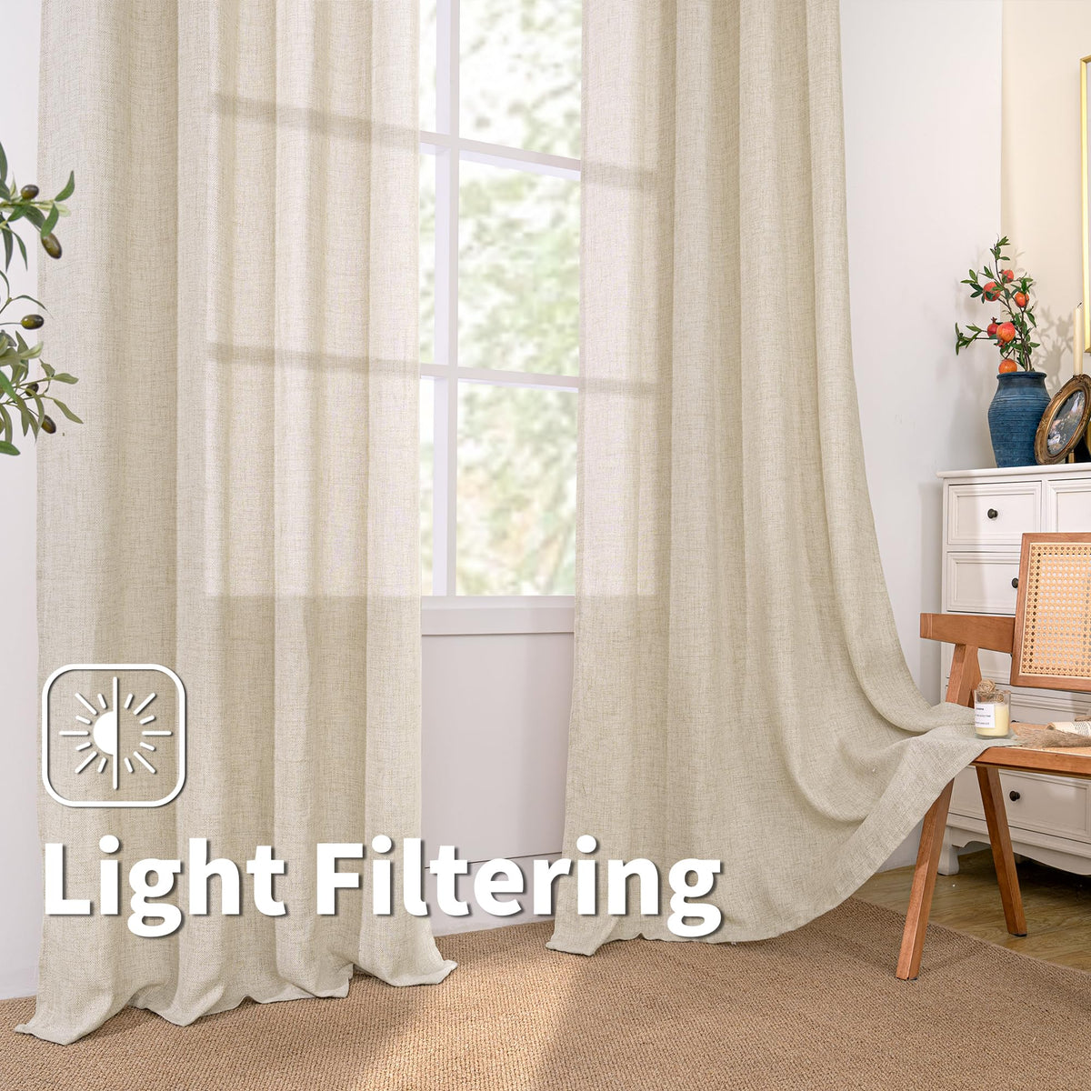 BGment beige linen curtains light filtering to soften daylight while preserving view.