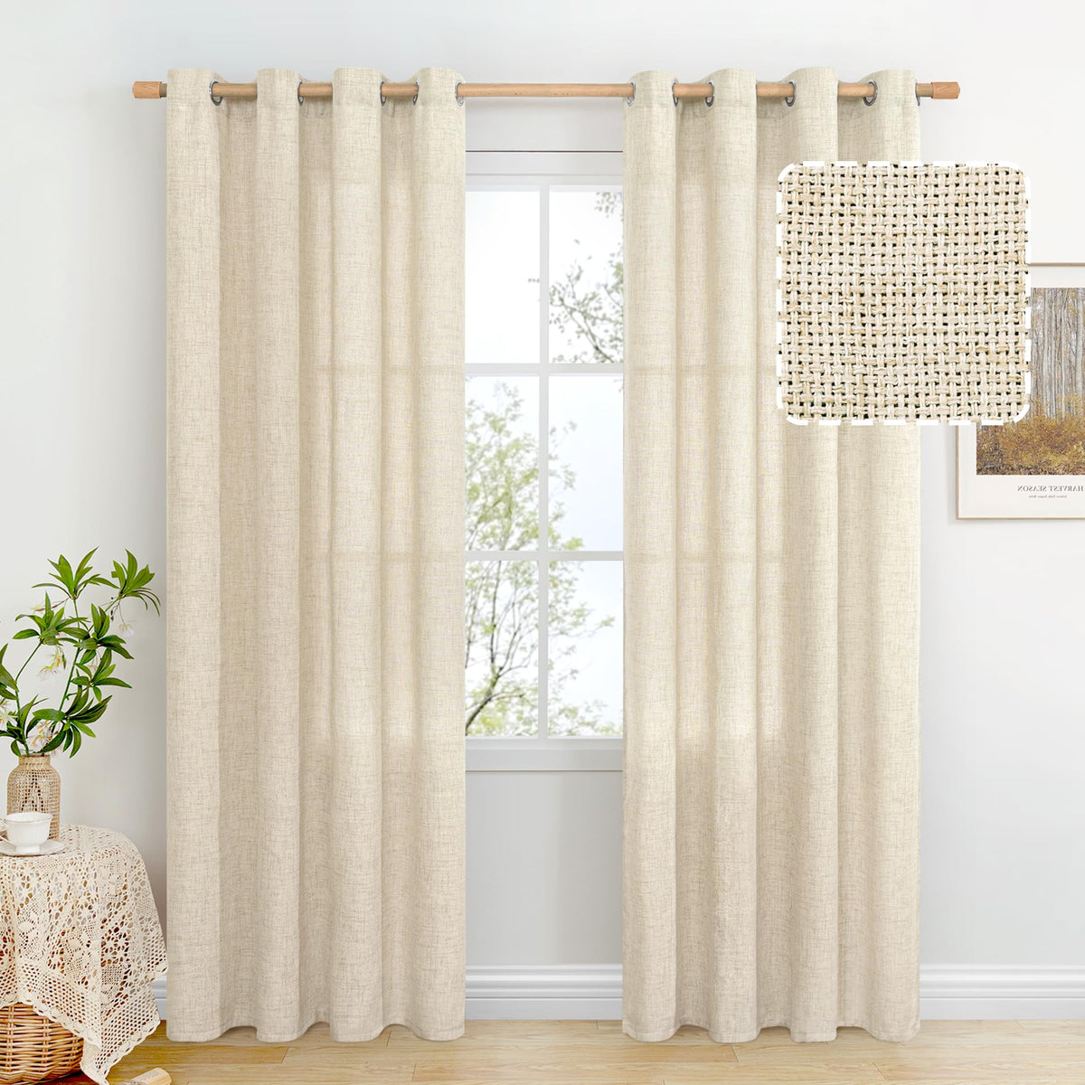 BGment beige linen curtain texture close-up showing natural weave and light filtering.