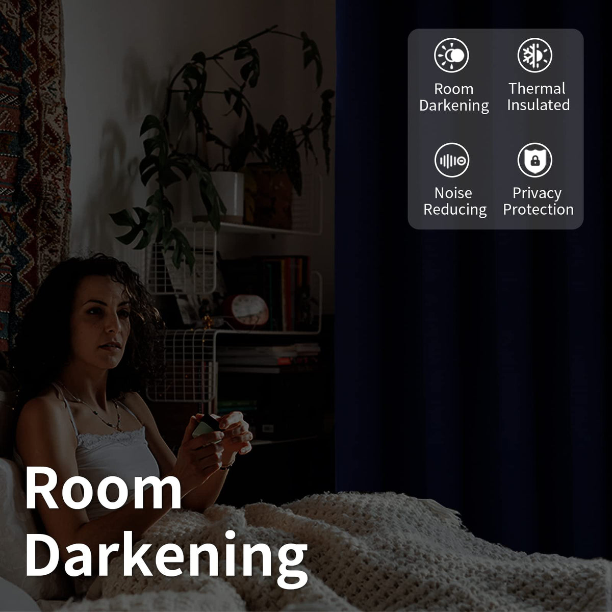 BGment blackout curtain in navy blocks light for naps or night shifts.