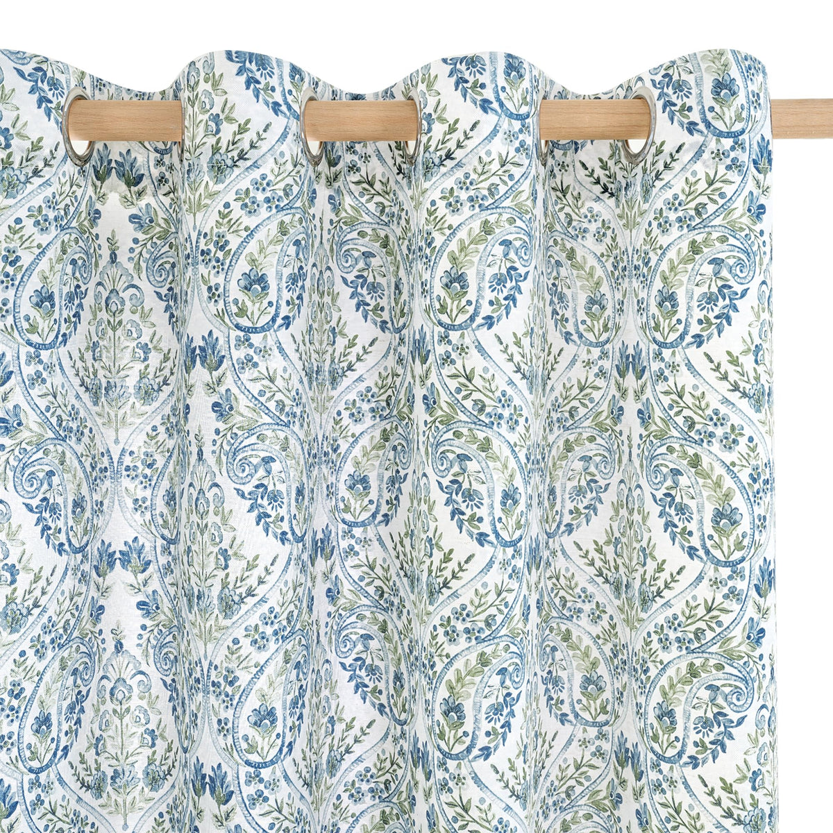 BGment Floral Paisley curtains in navy filter sunlight while preserving outdoor views.