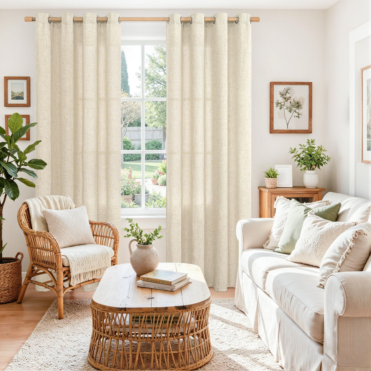 BGment beige linen curtains in living room setup for cozy ambience.