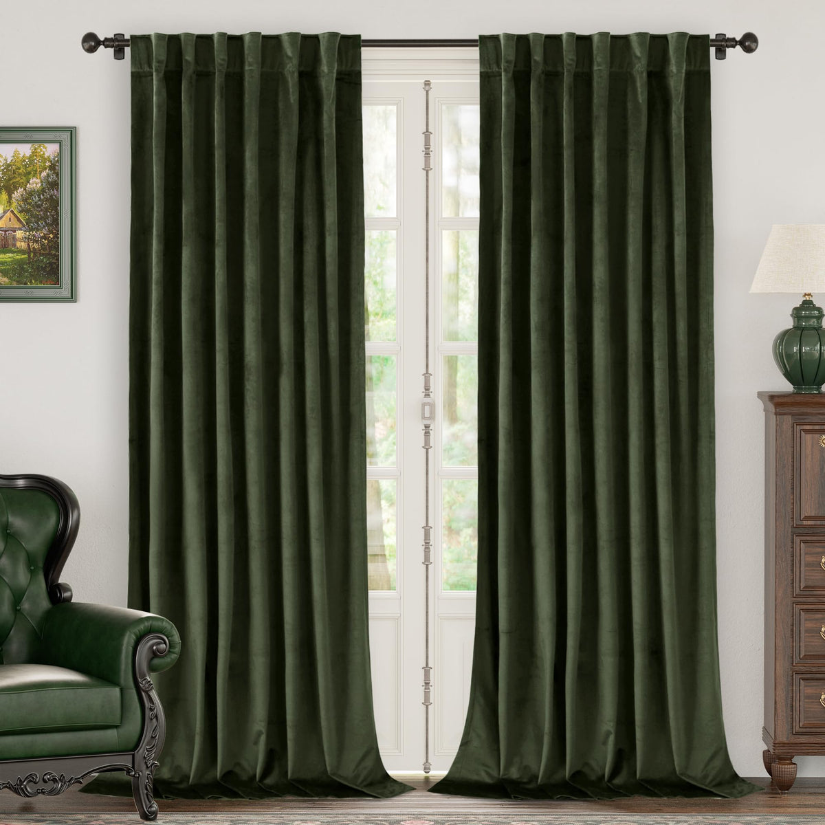 BGment olive green velvet curtains set, front view showing rich texture and dual-panel coverage for modern living spaces.