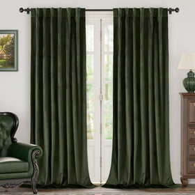 BGment olive green velvet curtains set, front view showing rich texture and dual-panel coverage for modern living spaces.