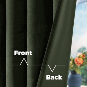 BGment back tab detail on olive green velvet curtains for easy mounting