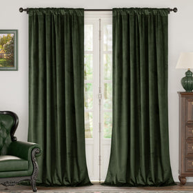 BGment olive green velvet curtains in bedroom scene, soft light diffusion for coziness.