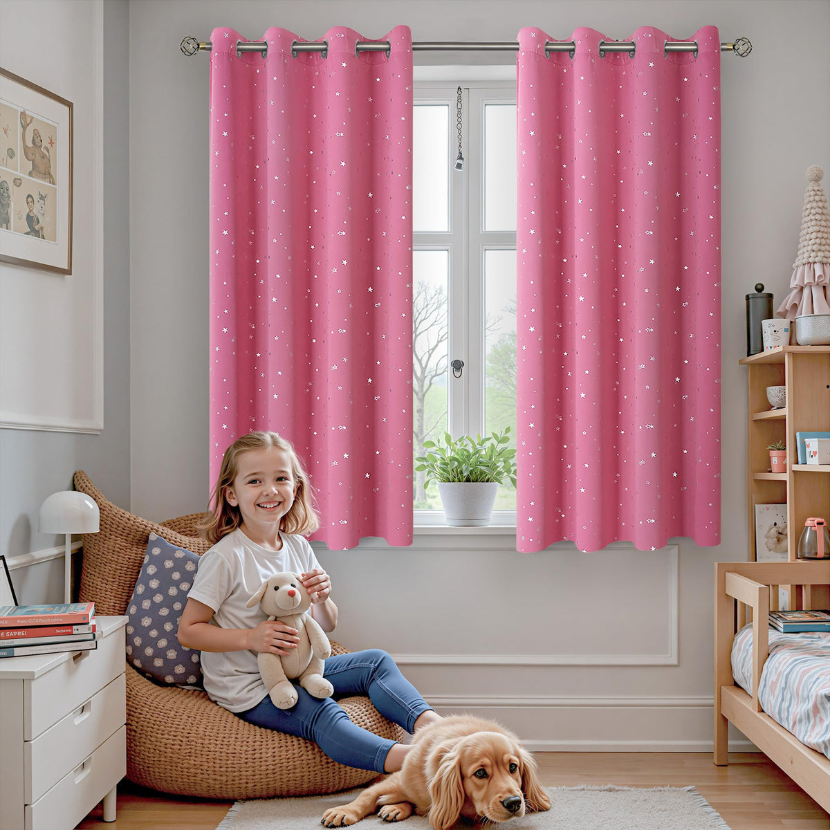 BGment Pink Star Curtains panel 2 diffuses soft light in a cozy setting