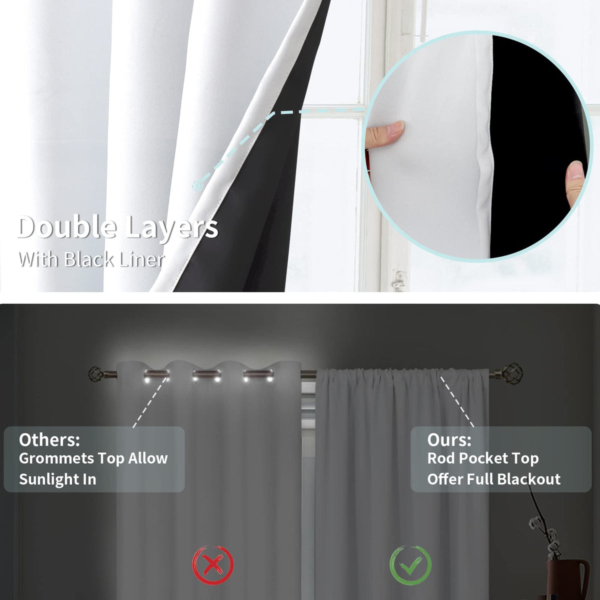 BGment rod-pocket top design for easy hanging on standard rods.