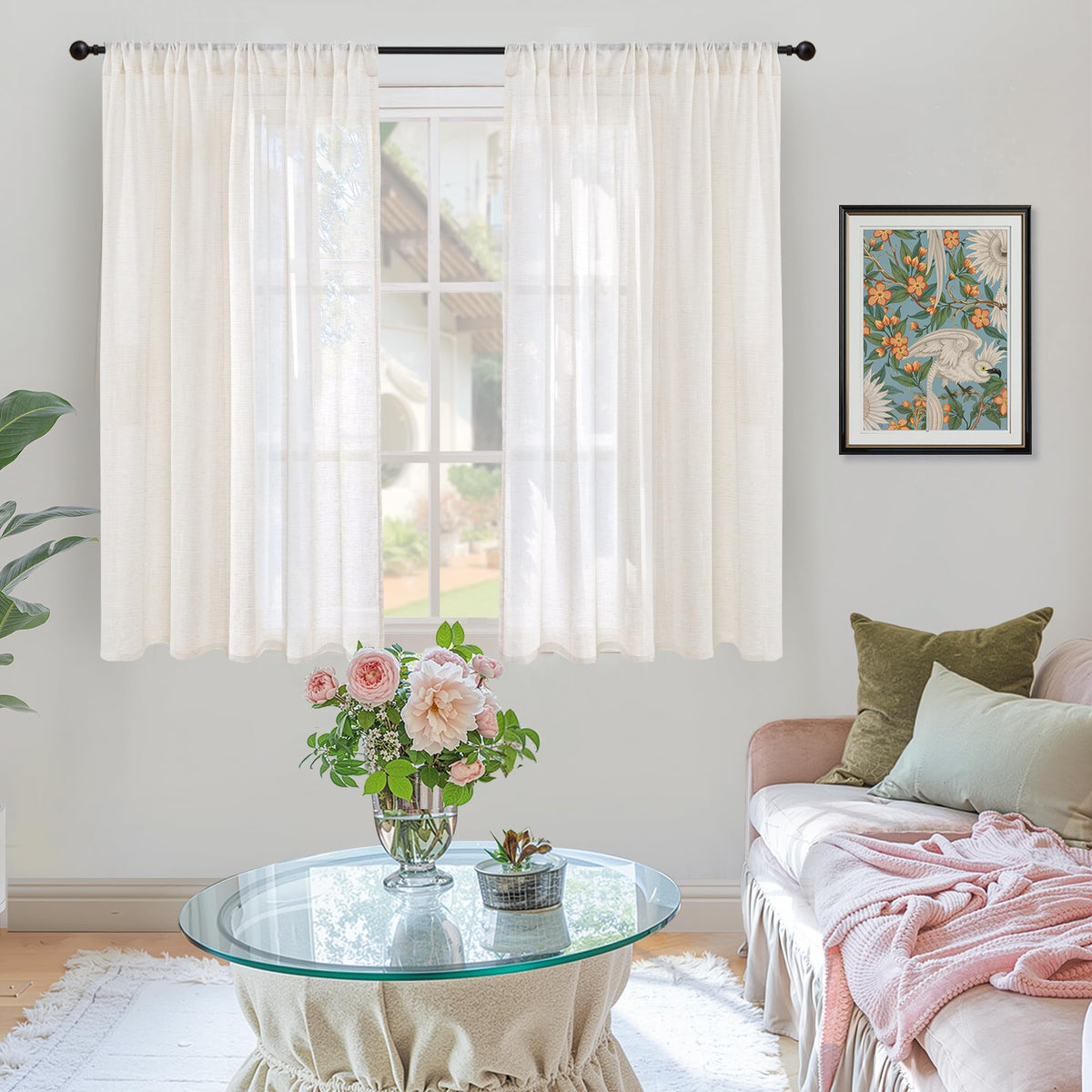 BGment short curtains with light-filtering weave diffuse sunlight in kitchen or dining nook.