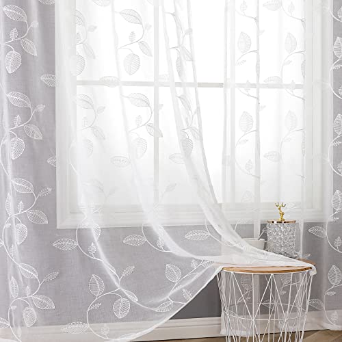 BGment white sheer curtains with embroidered leaf pattern filter sunlight softly in living room.