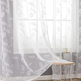 BGment white sheer curtains with embroidered leaf pattern filter sunlight softly in living room.