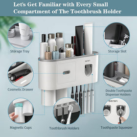 BHeadCat wall-mounted storage unit frees counter space in small bathrooms.