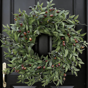 BHHDA Olive Wreath with dense leaves and berries for inviting front door decor.