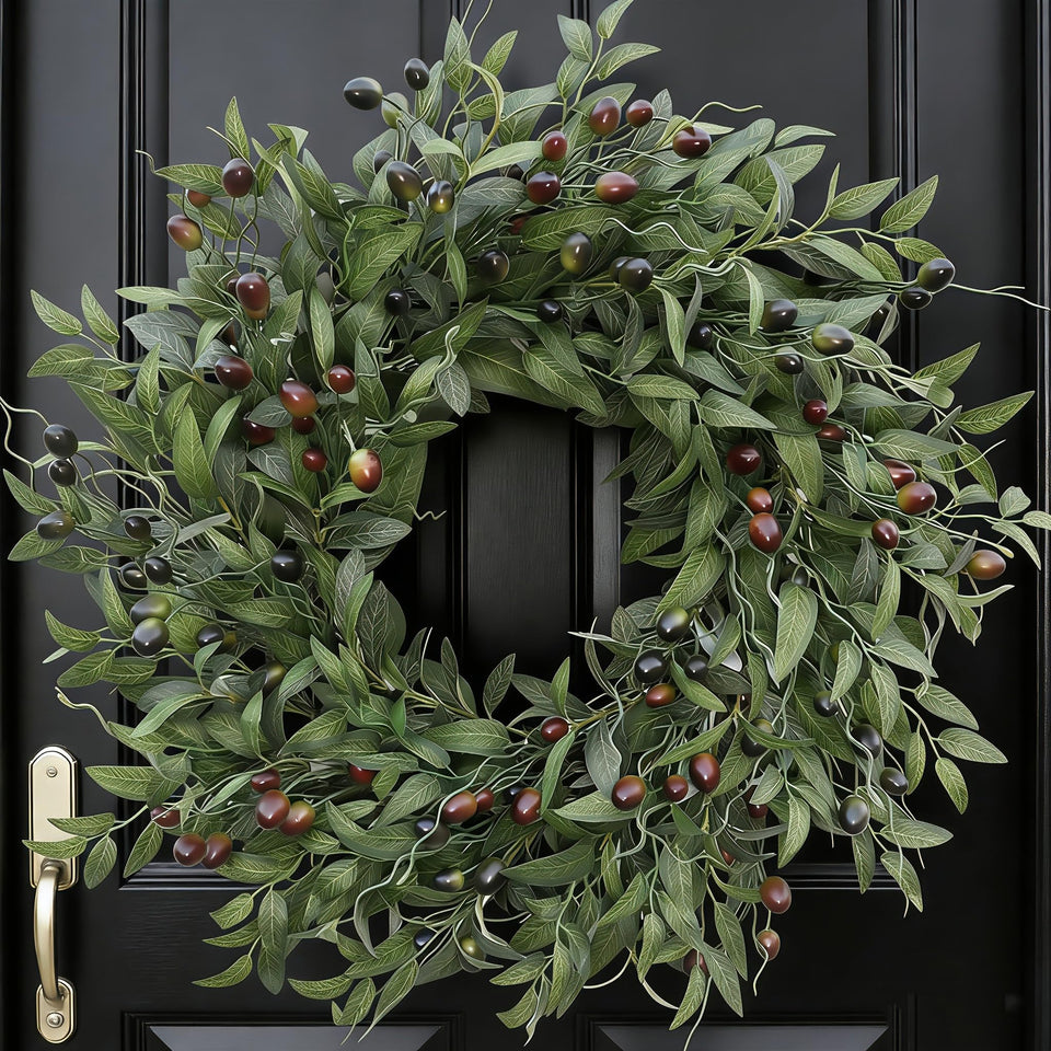 BHHDA Olive Wreath with dense leaves and berries for inviting front door decor.