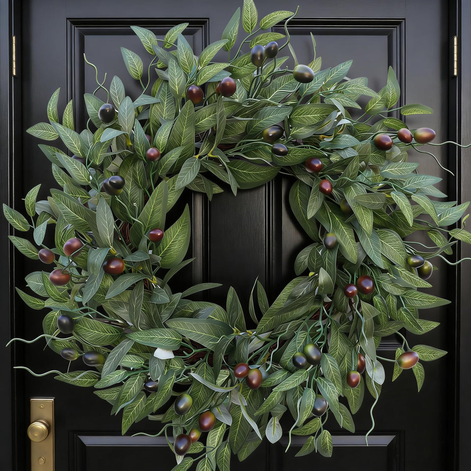BHHDA olive wreath front door with lush leaves for curb appeal.