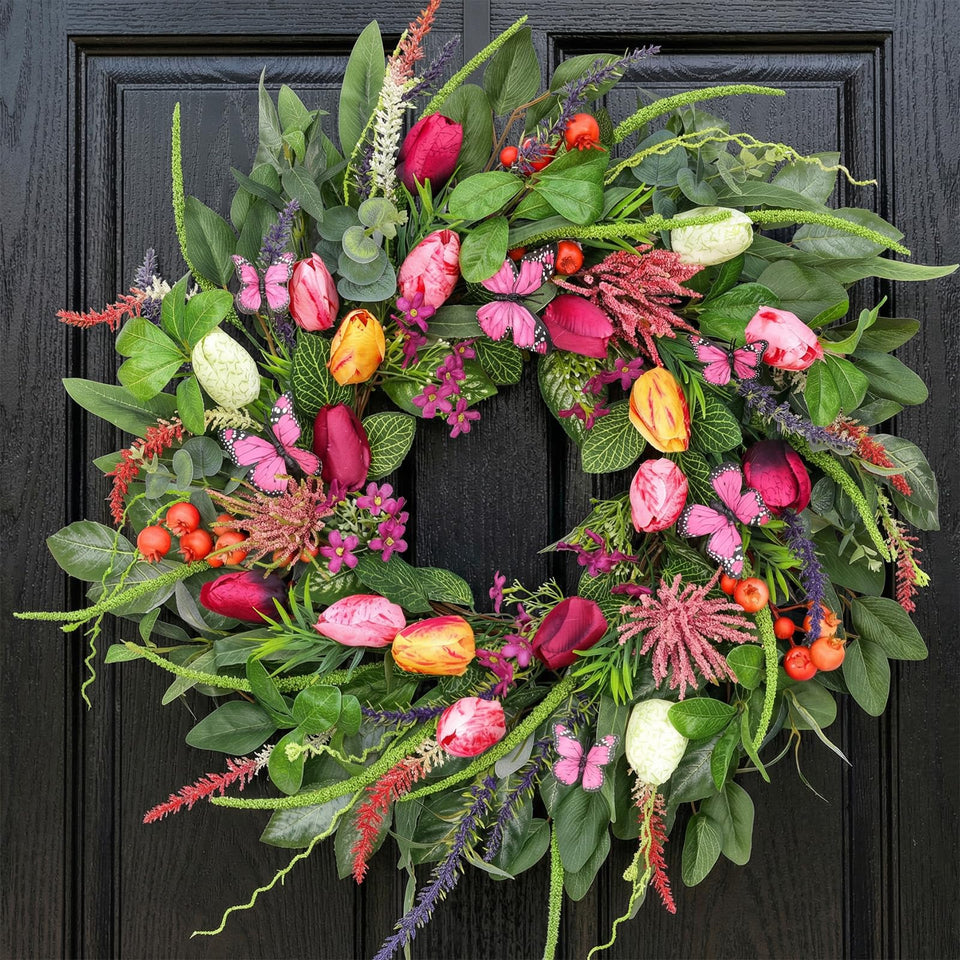 BHHDA wreath front door with tulips and roses adds year-round curb appeal.