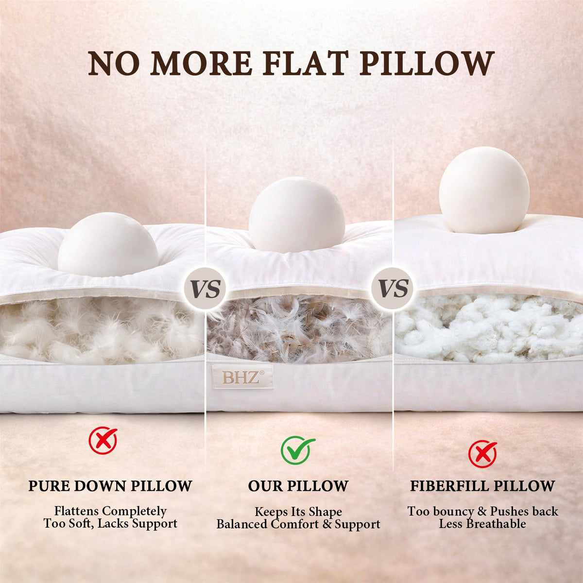 BHZ pillows closeup down clusters – premium loft for lasting neck and head support.