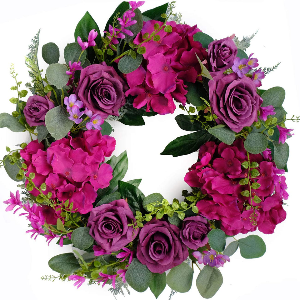 Bibelot 20in purple rose wreath on front door showcasing vibrant blooms