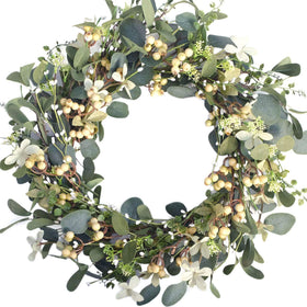 Bibelot 20-inch artificial eucalyptus berry wreath for natural front-door decor.