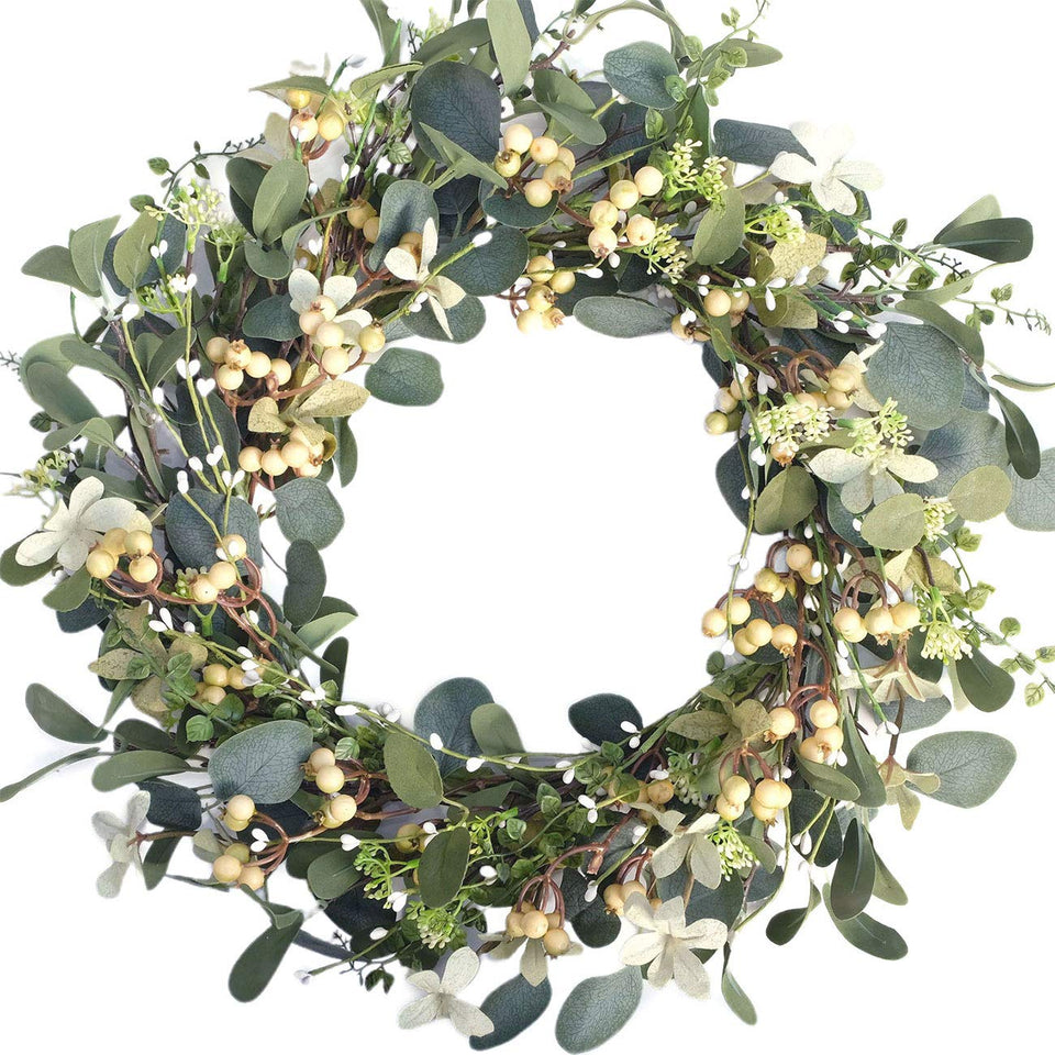 Bibelot 20-inch artificial eucalyptus berry wreath for natural front-door decor.