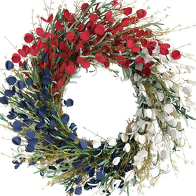 Bibelot 22-inch American flag floral wreath adds patriotic charm to doors and walls.