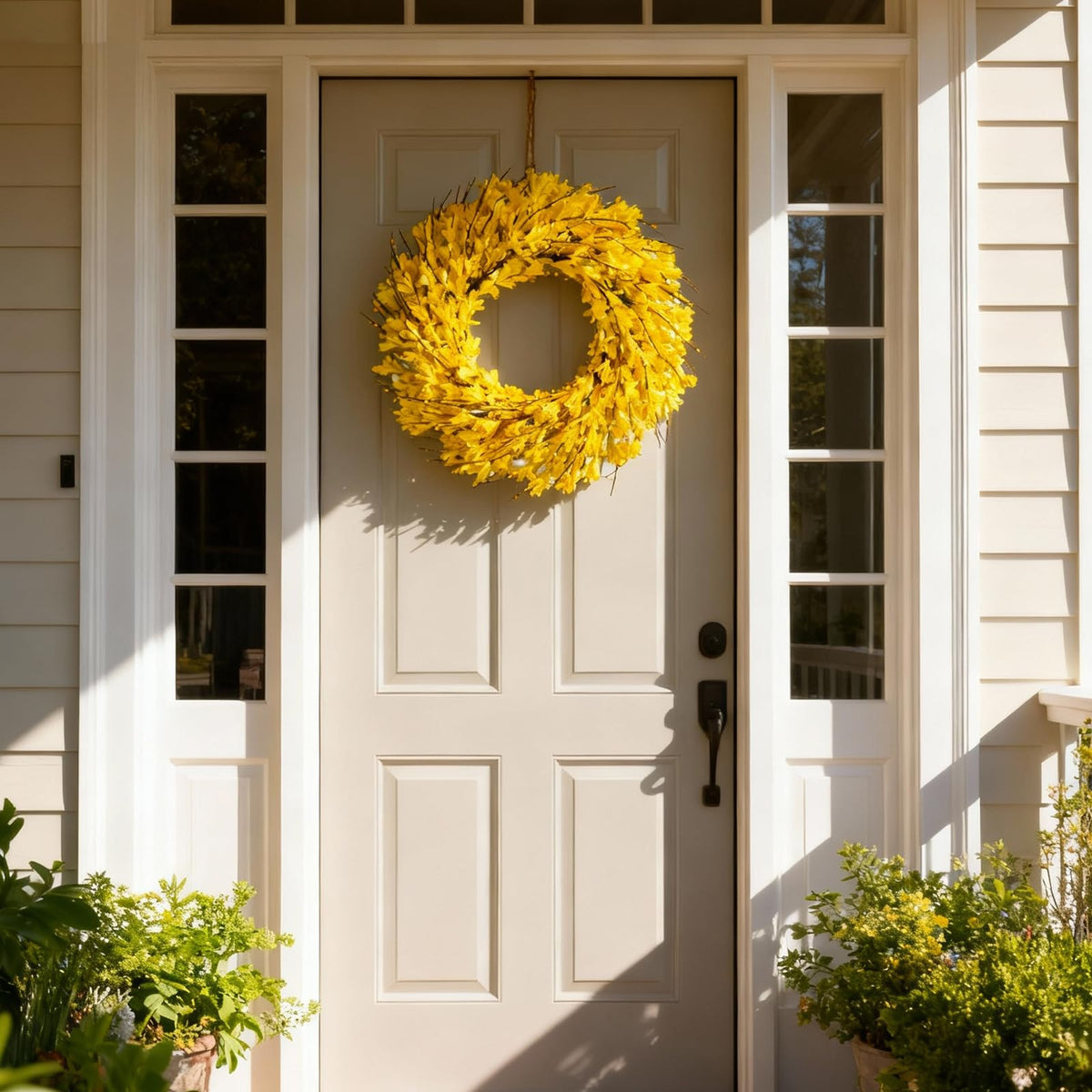 Bibelot 22-inch Forsythia wreath brightens entryways with farmhouse decor charm.