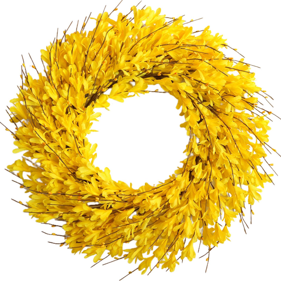 Bibelot 22-inch Forsythia wreath on a front door adds bright spring curb appeal.