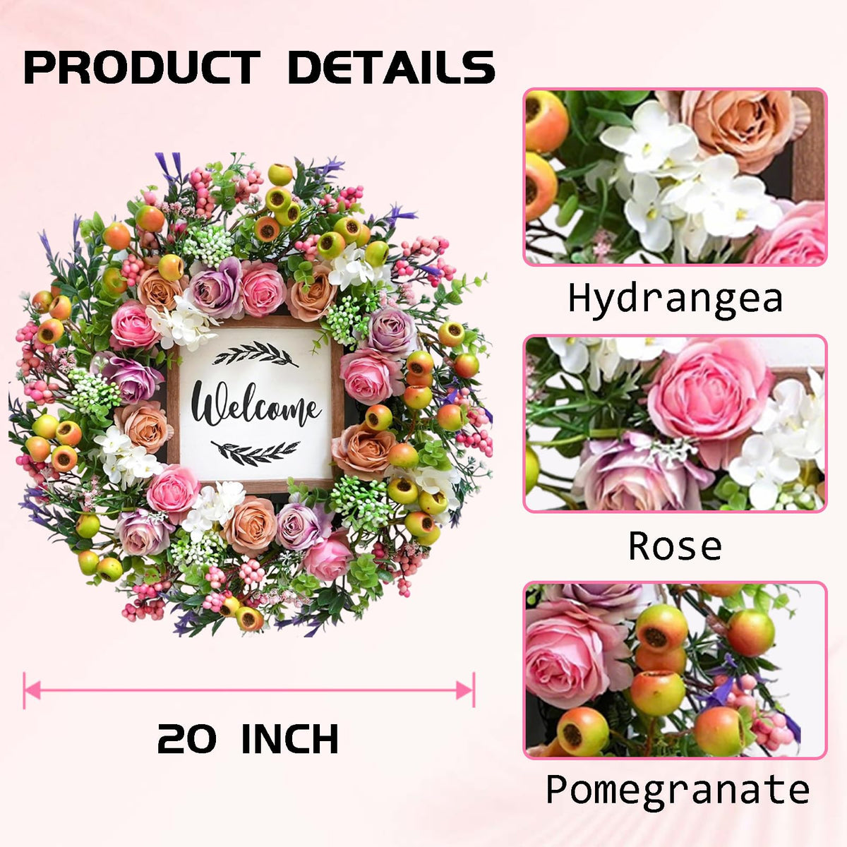 Bibelot artificial hydrangea and roses wreath highlights year-round color and charm.