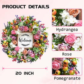 Bibelot artificial hydrangea and roses wreath highlights year-round color and charm.