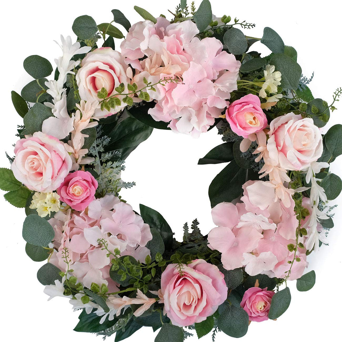 Bibelot artificial pink rose wreath on front door for spring curb appeal.