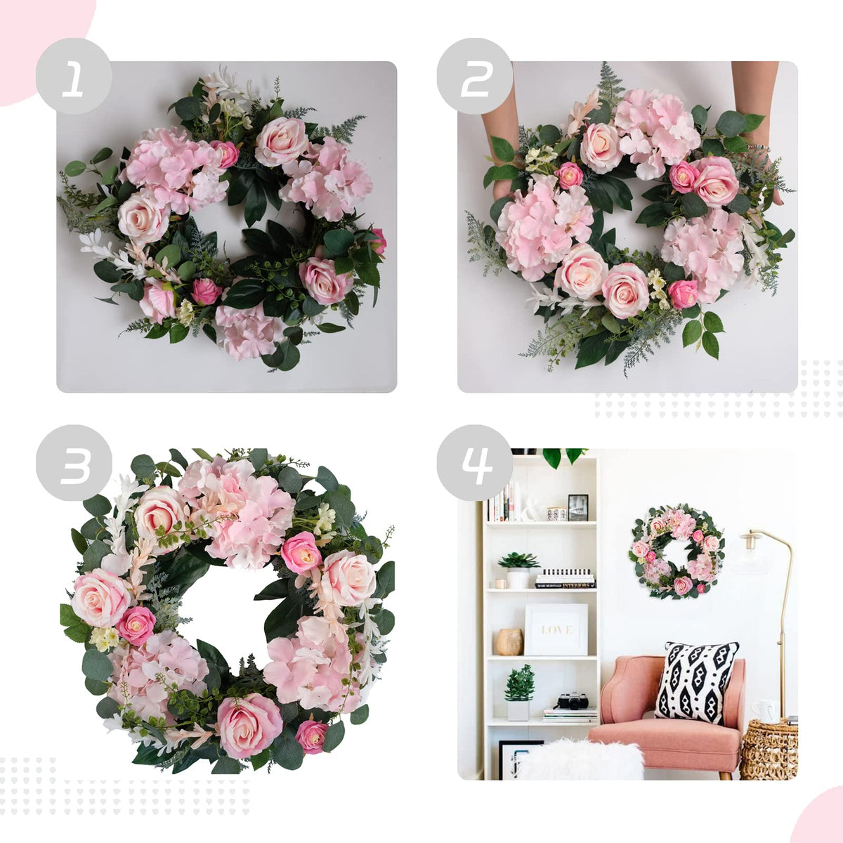 Bibelot 20-inch wreath perfect for entryways and walls with romance.