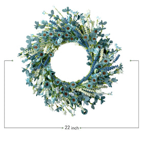 Bibelot blue daisy artificial wreath adds seasonal charm.