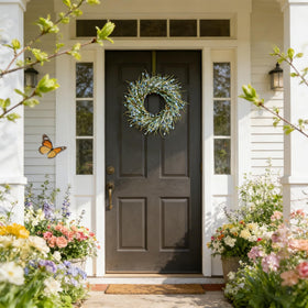 Bibelot Forsythia wreath blue close-up of vibrant petals for porch decor