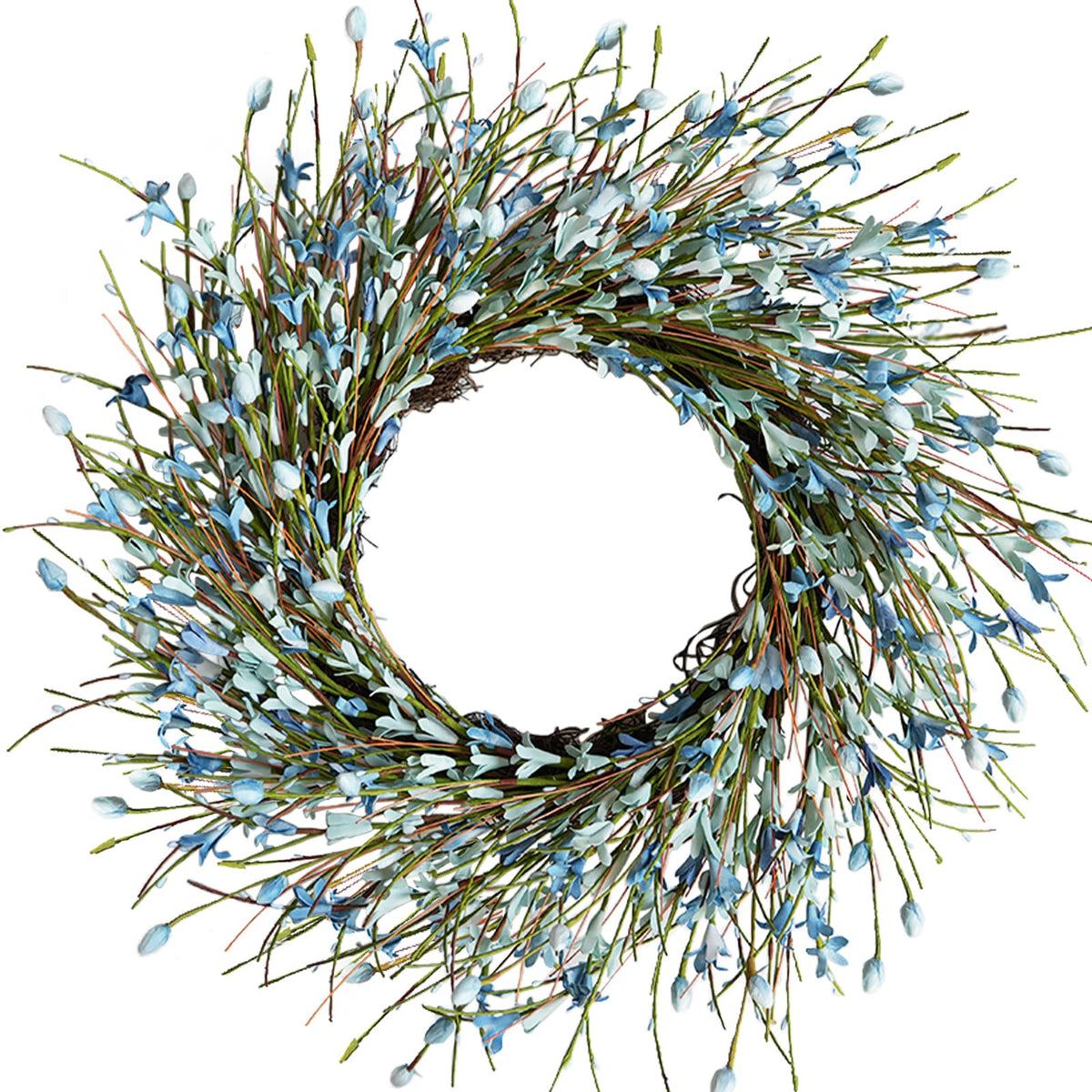 Bibelot Forsythia wreath blue full view on front door for year-round charm