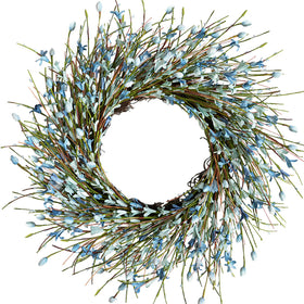 Bibelot Forsythia wreath blue full view on front door for year-round charm