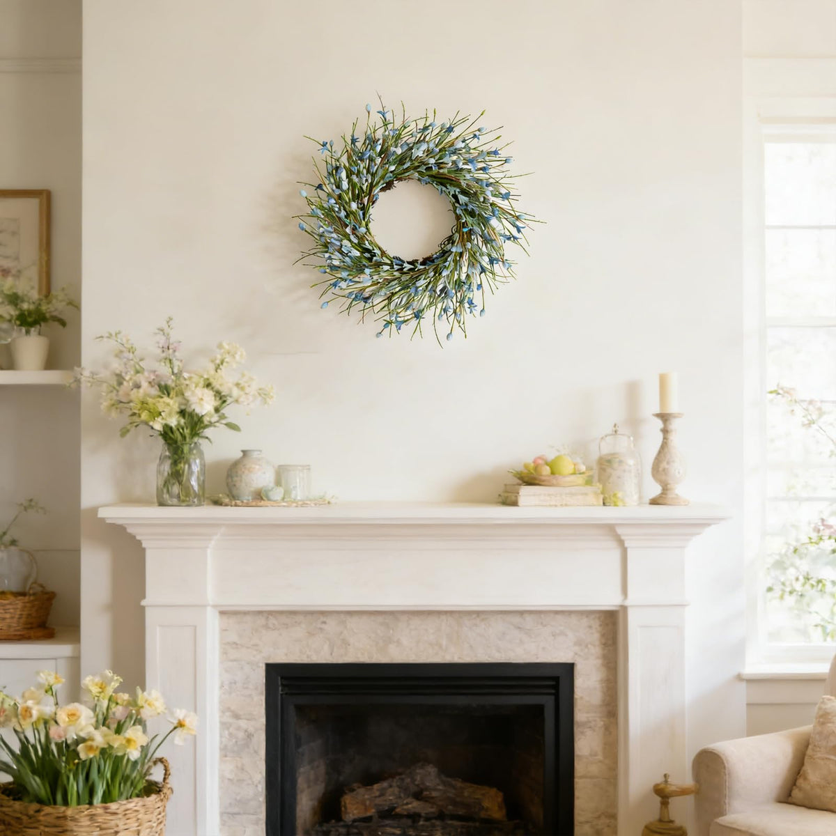 Bibelot Forsythia wreath blue porch or door decor suitable for indoors and outdoors
