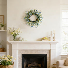 Bibelot Forsythia wreath blue porch or door decor suitable for indoors and outdoors