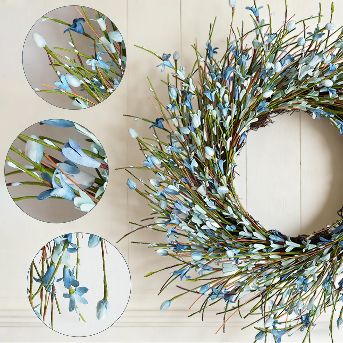 Bibelot Forsythia wreath blue leaves detail showcasing durable foliage