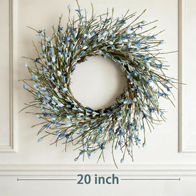 Bibelot Forsythia wreath blue on-door display for versatile indoor use