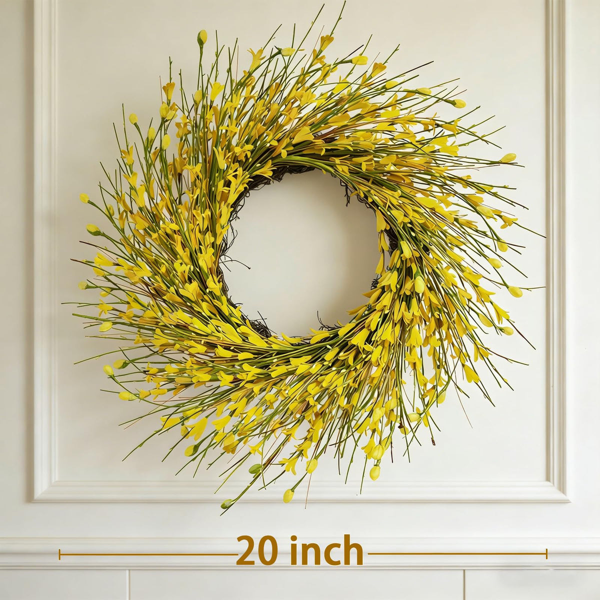 Bibelot Forsythia wreath close-up highlights lifelike leaves detail.