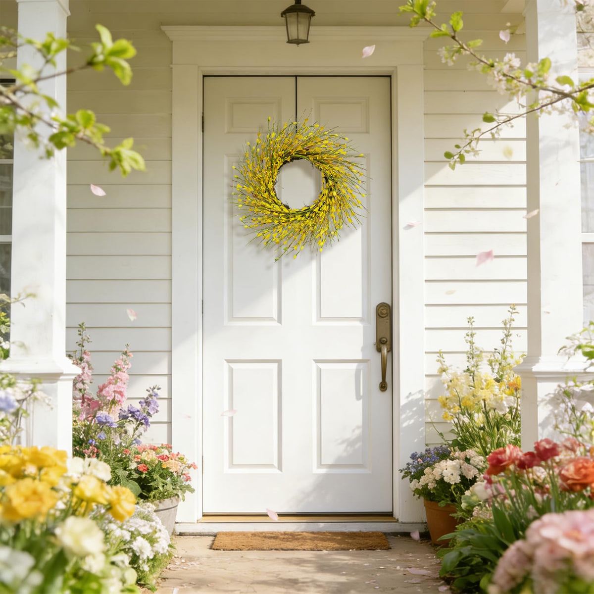Bibelot Forsythia wreath used indoors to enhance living room ambiance.
