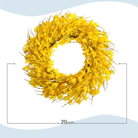 Bibelot Forsythia wreath indoors or covered outdoors with zero maintenance.