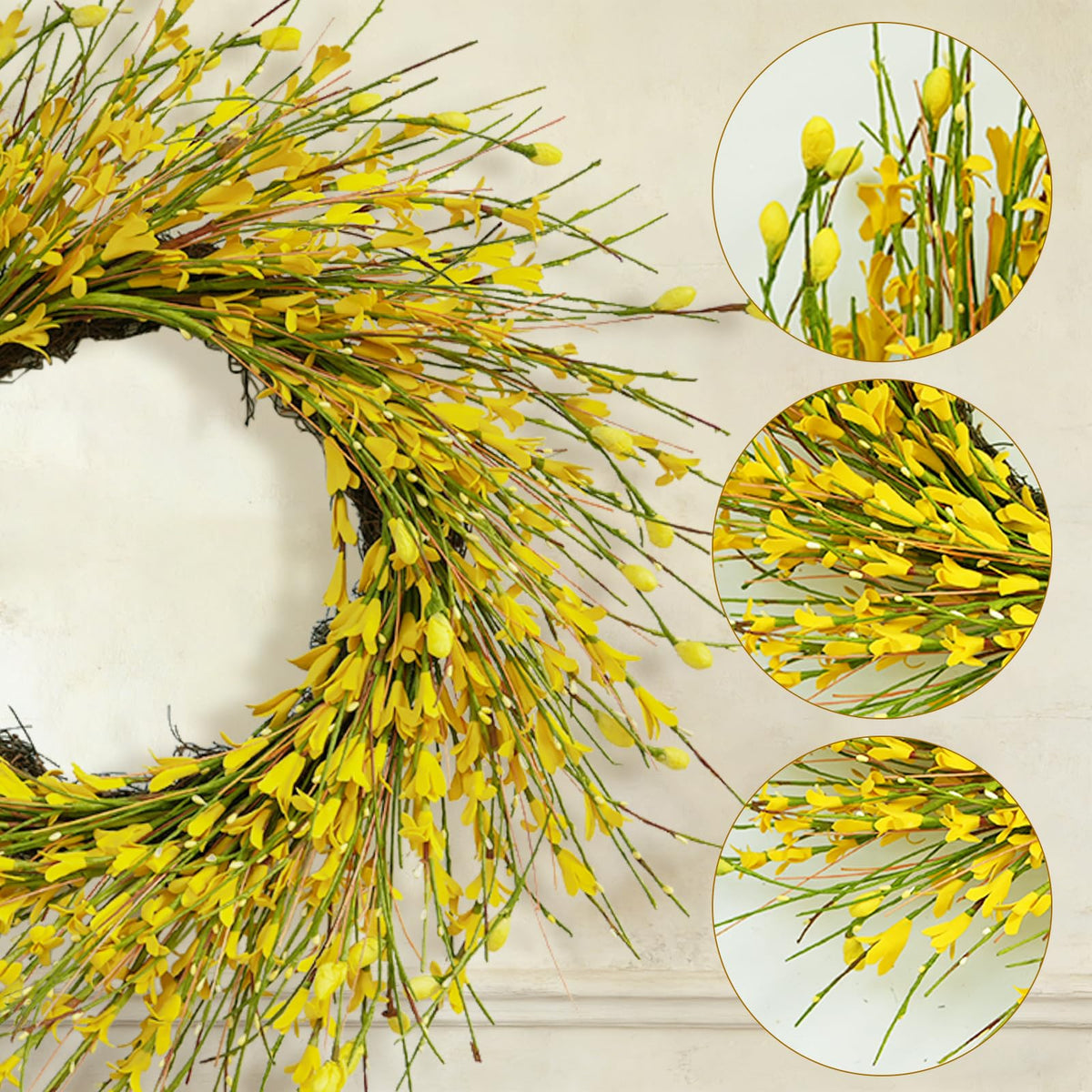 Bibelot Forsythia wreath for outdoor porch use with durable greenery.