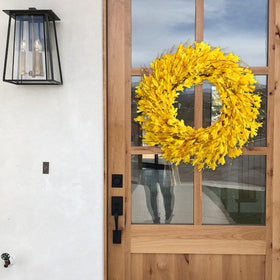 Bibelot Forsythia wreath silk blooms close-up show lifelike detail.