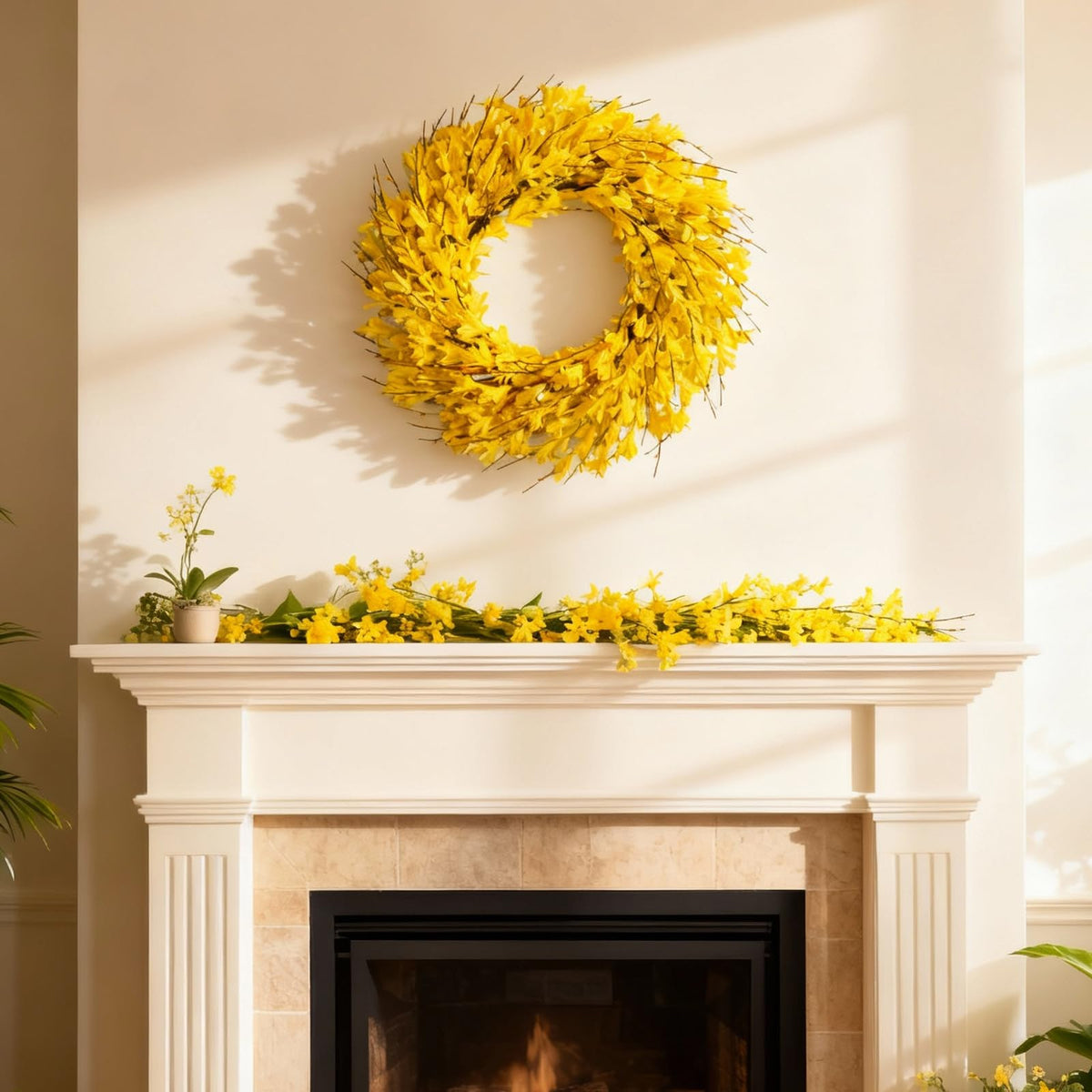 Bibelot Forsythia wreath ideal for seasonal celebrations and photo-worthy backdrops.