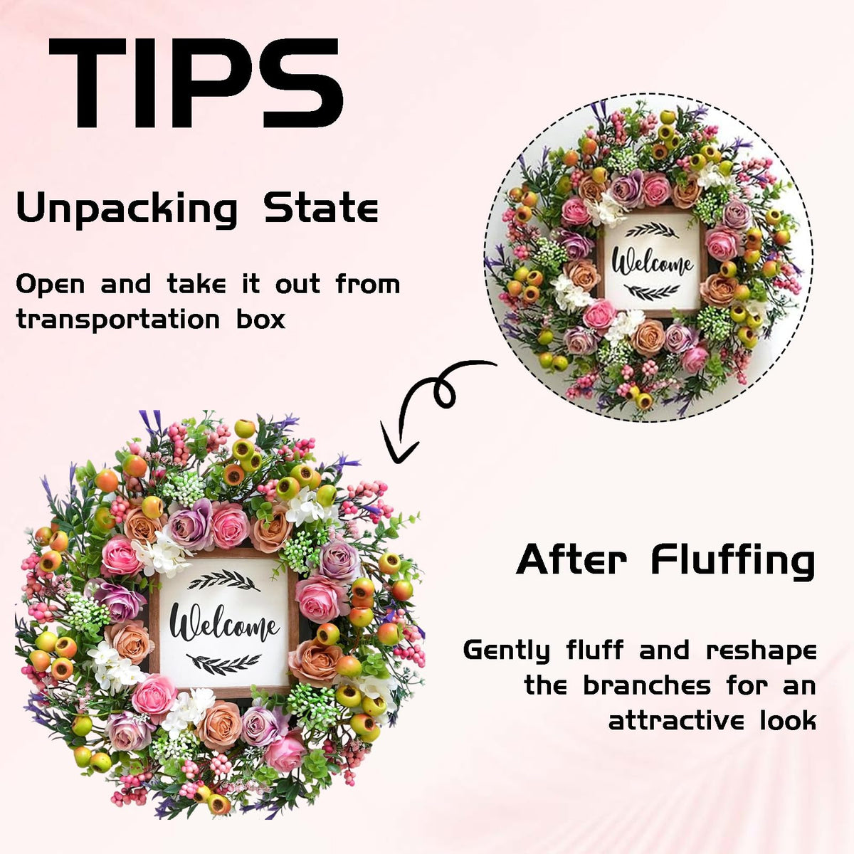 Bibelot handcrafted durable wreath stays vibrant with minimal maintenance.