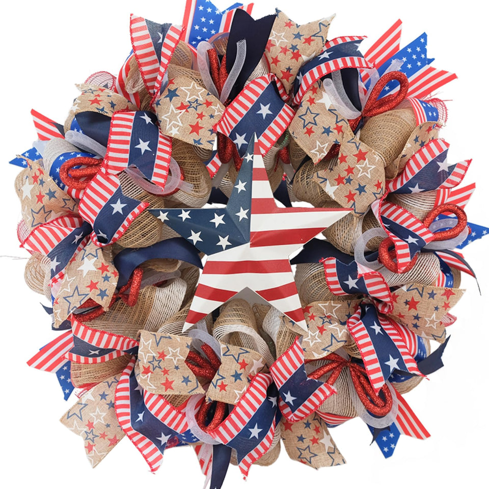 Bibelot Patriotic Day wreath on front door with red white blue Americana